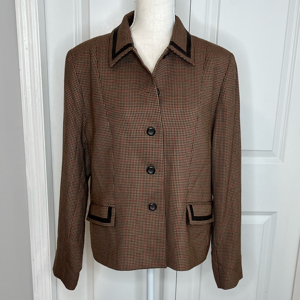 Pendleton Vintage Tan Brown Houndstooth Wool Lady Jacket 12 Leather Blazer Fall